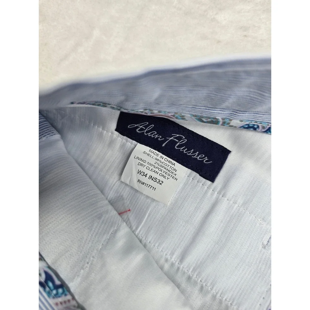 Alan Flusser Seersucker Dress Pants Mens 34x29‎ Blue White Micro Stripe Cotton